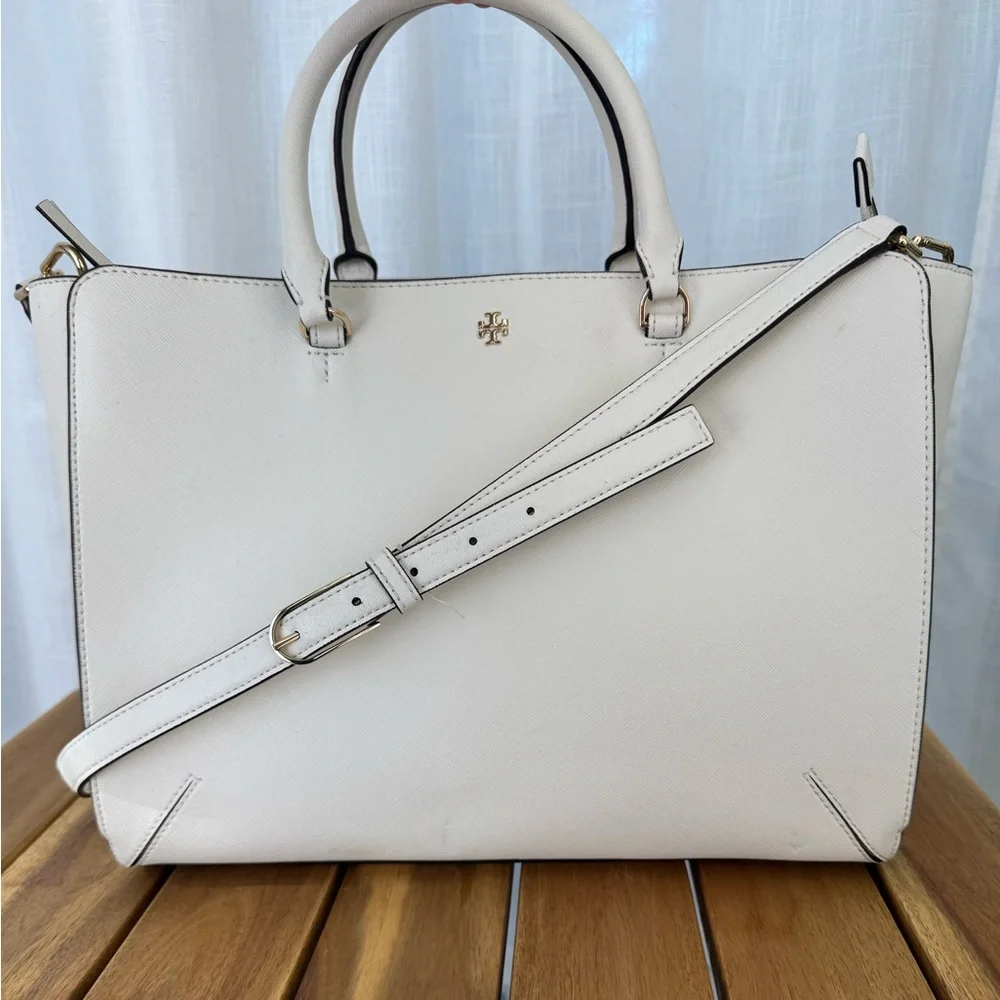 Tory Burch Robinson Large Zip Tote Ivory Saffiano Leather Satchel Crossbody Bag